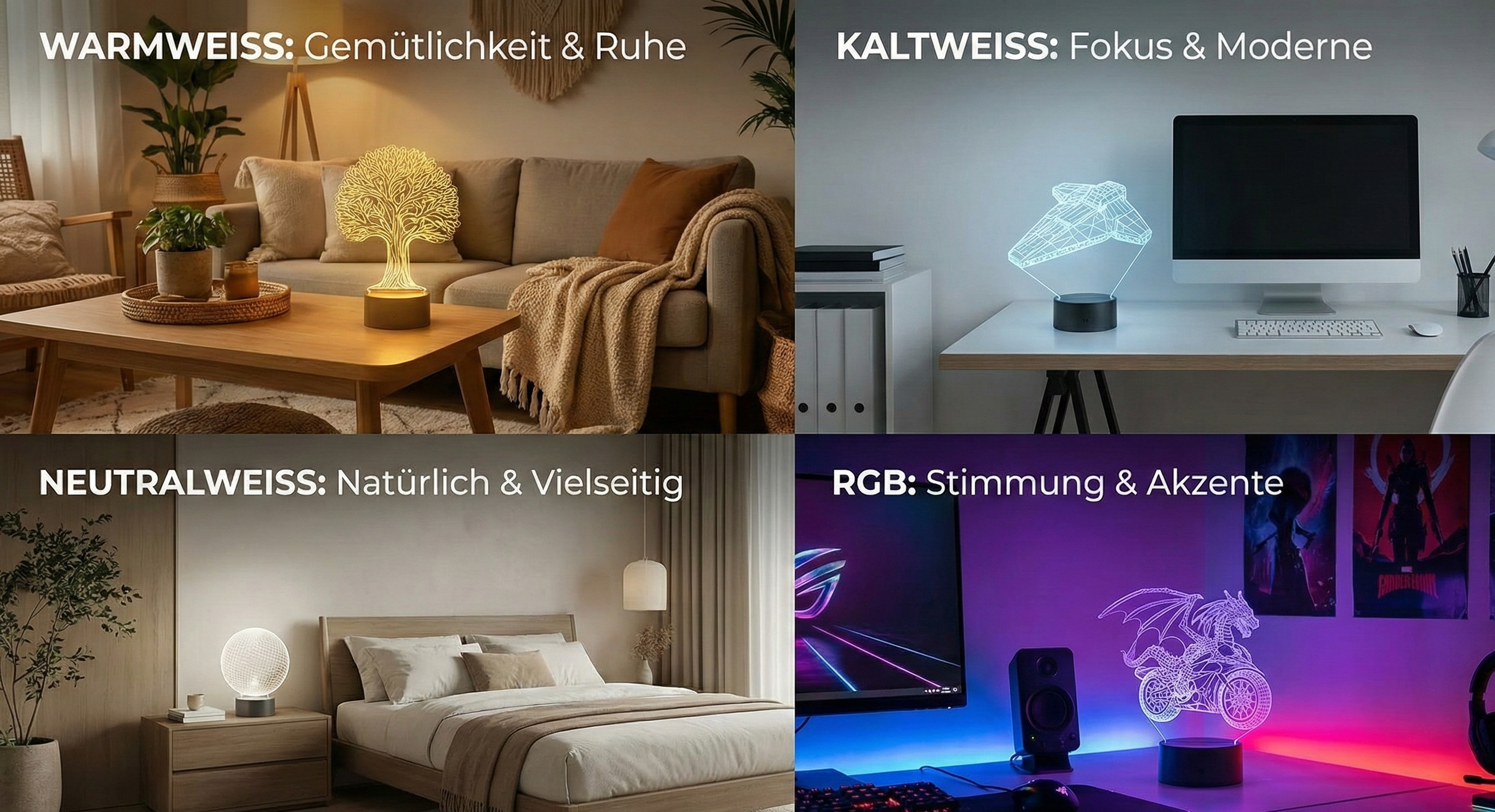 Wie wählt man die richtige Lichtfarbe einer 3D-Lampe für einen bestimmten Raum?